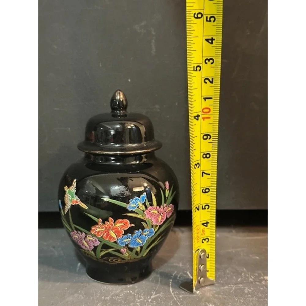 VTG Japanese Black Porcelain Ginger Jar Hummingbird Floral Iris Made‎ in Japan
